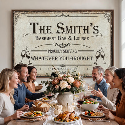 Custom Basement Bar & Lounge Sign Canvas, Personalized Family Name Art