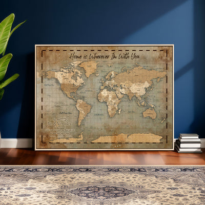 97123877-MGV-CV-36X24 - Vintage Custom Push Pin World Map Print | Vintage Travel Map Canvas, Personalized Names Anniversary Gift, Places Visited Pin Board