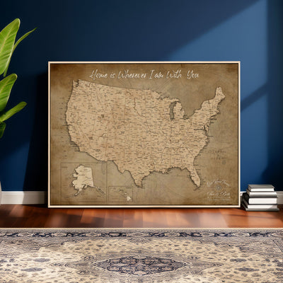 21454917-MGV-CV-36X24 - Personalized USA Push Pin Travel Map, Custom United States Map, Push Pin Map, USA Bucket List Map, Anniversary Gift | Couple Travel Map Wall Art