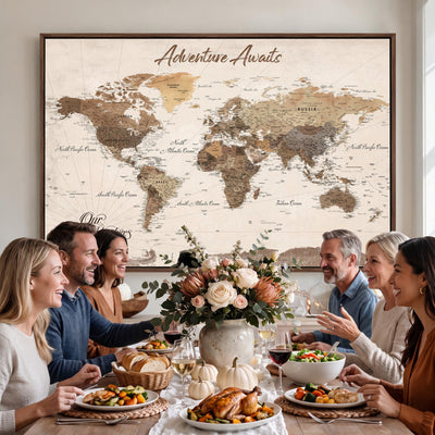 84865191-MGV-CV-36X24 - Our Family Adventures Push Pin World Map Wall Art Canvas Print - Family Travel Tracker Map with Pins