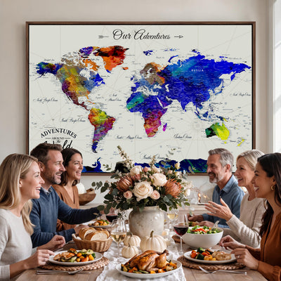 88162438-MGV-CV-36X24 - Our Family Adventures Push Pin World Map Wall Art Canvas Print | Family Travel Tracker Map with Pins