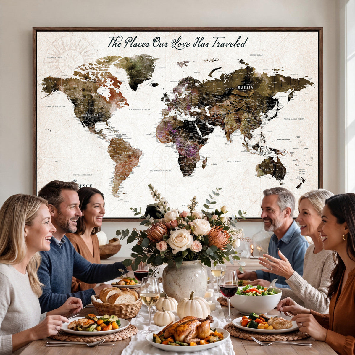 18074626D3D-MGV-CV-36X24 - Extra Large Framed Personalized Push Pin World Map Wall Art Canvas Print for Travel Tracking