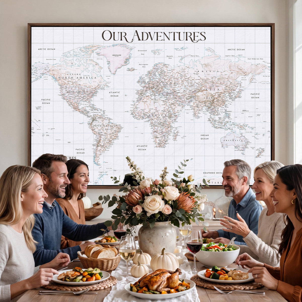 18074626D3DD-MGV-CV-36X24 - Extra Large Framed Personalized Push Pin World Map Wall Art Canvas Print for Travel Tracking