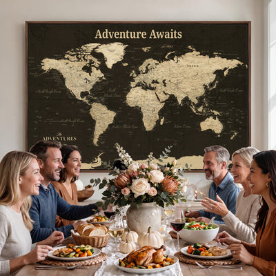 Custom Beige Modern World Travel Map Wall Art with Pins, Family Travel Tracker, Dining Room and Entryway Decor