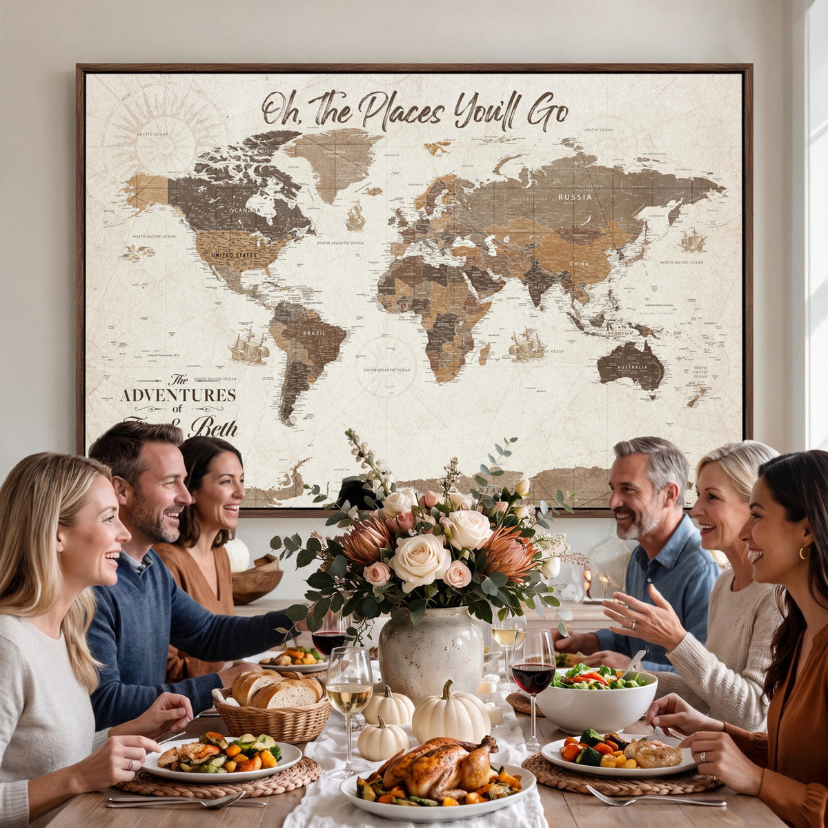 Personalized Beige Geometric Family Push Pin World Map Canvas Print, Honeymoon and Anniversary Gift, Living Room and Study Decor