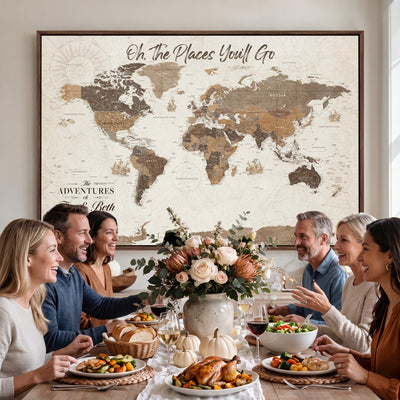 Personalized Beige Geometric Family Push Pin World Map Canvas Print, Honeymoon and Anniversary Gift, Living Room and Study Decor