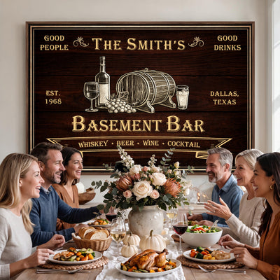 Custom Basement Bar Sign Canvas, Personalized Family Home Bar Wall Art