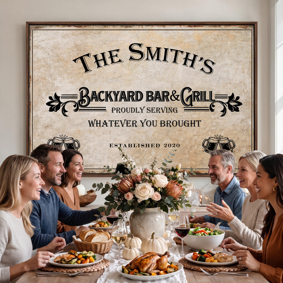 Custom Backyard Bar & Grill Sign, Personalized Family Name Arch Canvas