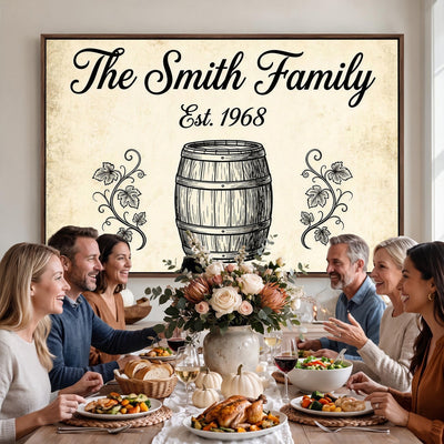 Custom family established sign, wine barrel design, wall art