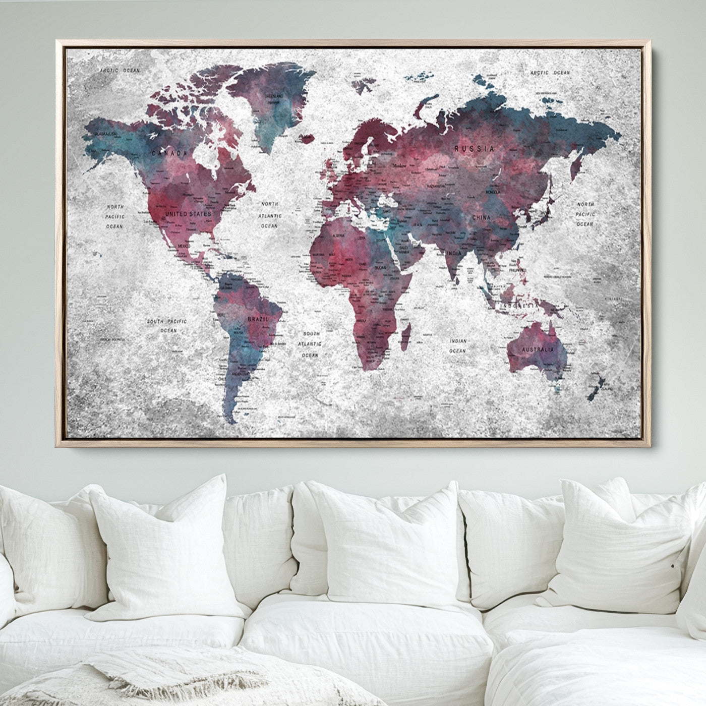 Push Pin World Map Canvas Print – Framed Wall Art for Couples to Track Their Travels – Anniversary Gift or Home Adventure Decor