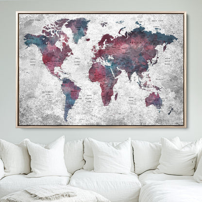 Push Pin World Map Canvas Print – Framed Wall Art for Couples to Track Their Travels – Anniversary Gift or Home Adventure Decor