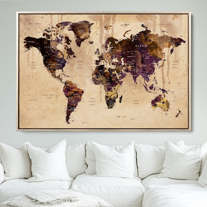 Push Pin World Map Canvas Print – Framed Wall Art for Couples to Track Their Travels – Anniversary Gift or Home Adventure Decor