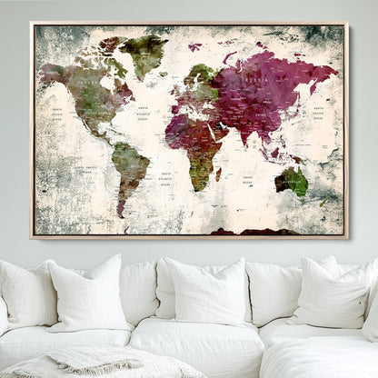 Push Pin World Map Canvas Print – Framed Wall Art for Couples to Track Their Travels – Anniversary Gift or Home Adventure Decor