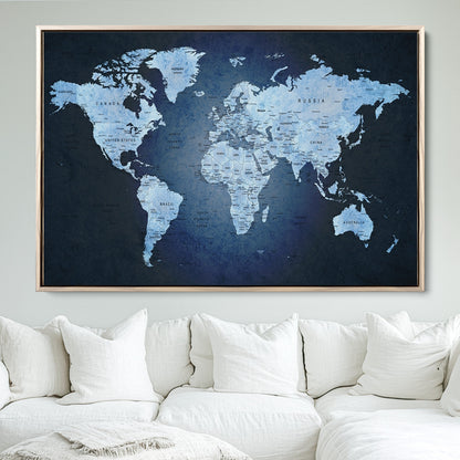 Push Pin World Map Canvas Print – Framed Wall Art for Couples to Track Their Travels – Anniversary Gift or Home Adventure Decor