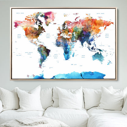 Push Pin World Map Canvas Print – Framed Wall Art for Couples to Track Their Travels – Anniversary Gift or Home Adventure Decor