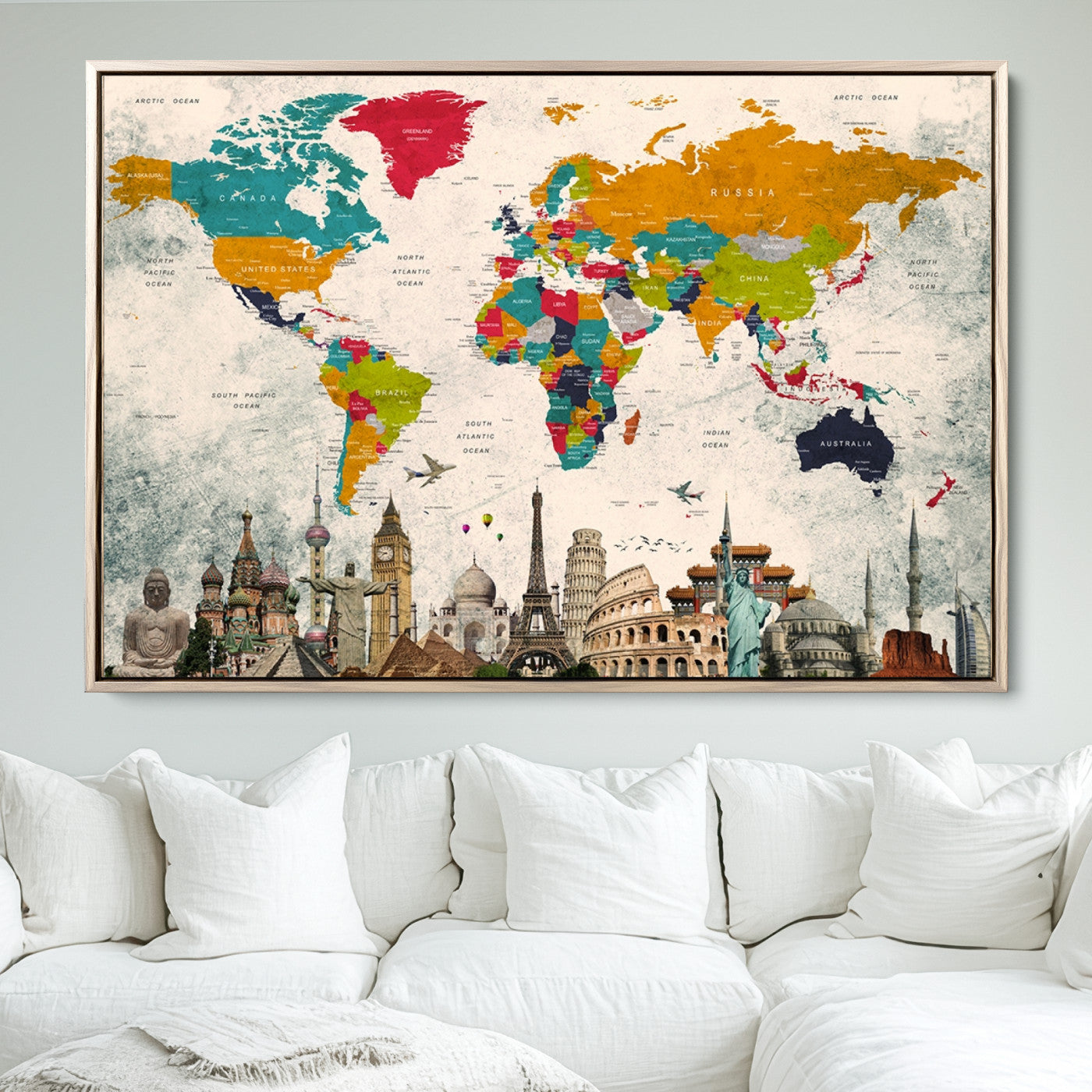 Push Pin World Map Canvas Print – Framed Wall Art for Couples to Track Their Travels – Anniversary Gift or Home Adventure Decor