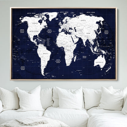 Push Pin World Map Canvas Print – Framed Wall Art for Couples to Track Their Travels – Anniversary Gift or Home Adventure Decor