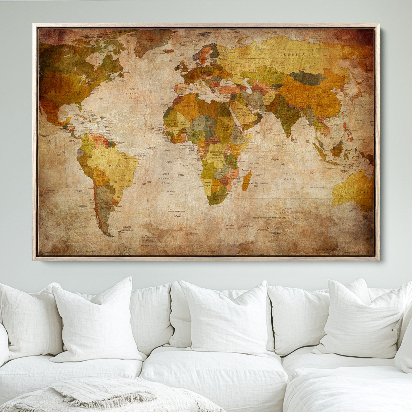 Push Pin World Map Canvas Print – Framed Wall Art for Couples to Track Their Travels – Anniversary Gift or Home Adventure Decor