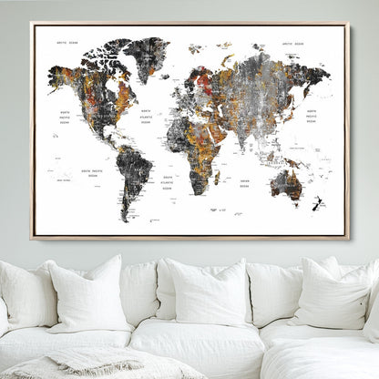 Push Pin World Map Canvas Print – Framed Wall Art for Couples to Track Their Travels – Anniversary Gift or Home Adventure Decor