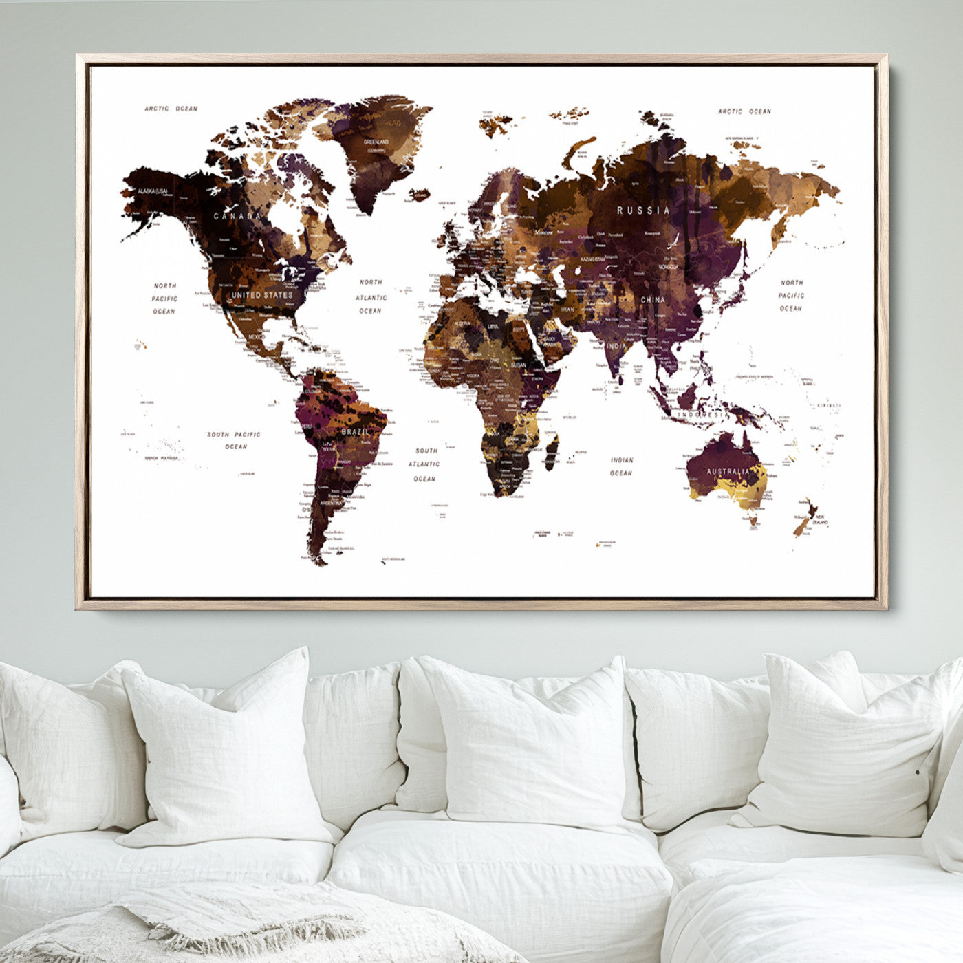 Push Pin World Map Canvas Print – Framed Wall Art for Couples to Track Their Travels – Anniversary Gift or Home Adventure Decor