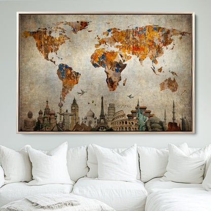 Push Pin World Map Canvas Print – Framed Wall Art for Couples to Track Their Travels – Anniversary Gift or Home Adventure Decor