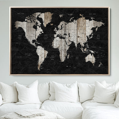 Push Pin World Map Canvas Print – Framed Wall Art for Couples to Track Their Travels – Anniversary Gift or Home Adventure Decor