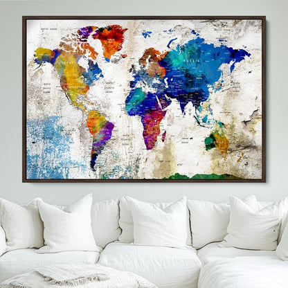 Push Pin World Map Canvas Print – Framed Wall Art for Couples to Track Their Travels – Anniversary Gift or Home Adventure Decor