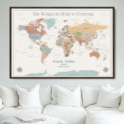 90968866-MGV-FC-36X24_Walnut-Custom Push Pin World Map Wall Canvas Print – Personalized Travel Tracker with Pins – Framed Large Multi-Size Canvas for Home Office Decor
