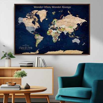 12399561-MGV-FC-30X20_Walnut-Personalized World Map Print, Customizable Push Pin Framed World Map Print on Canvas - Custom Quote on Map Print