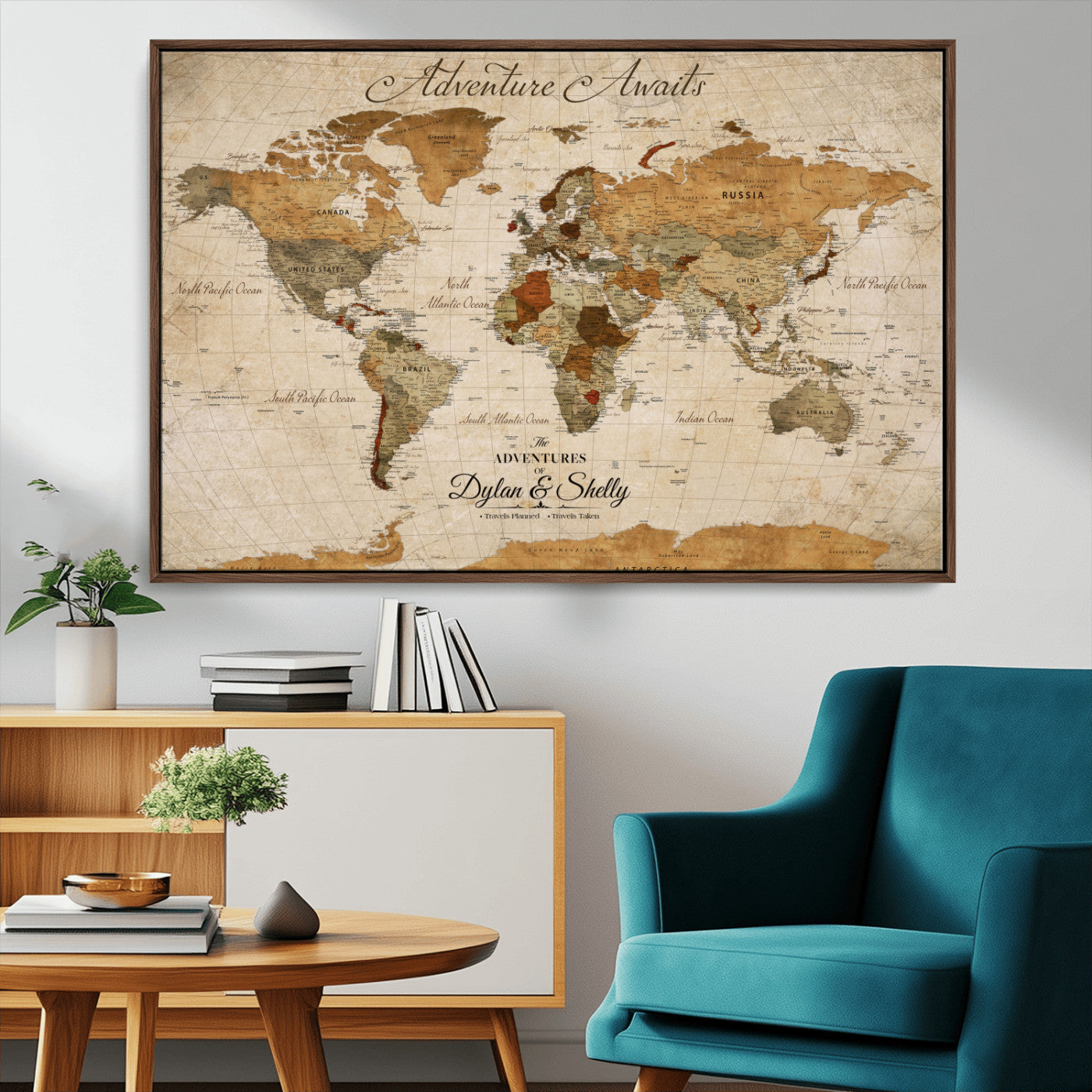 20810820-MGV-FC-30X20_Walnut-Personalized World Map Print, Customizable Push Pin Framed World Map Print on Canvas - Custom Quote on Map Print