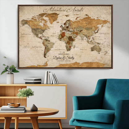 20810820-MGV-FC-30X20_Walnut-Personalized World Map Print, Customizable Push Pin Framed World Map Print on Canvas - Custom Quote on Map Print