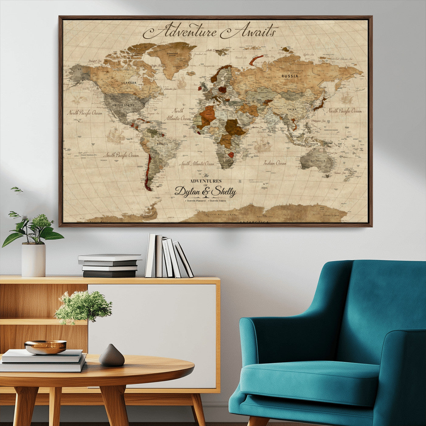 29054239-MGV-CV-36X24-Personalized World Map Print - Customizable Push Pin Framed World Map Print on Canvas - Custom Quote on Map Print