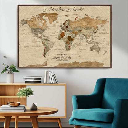 29054239-MGV-CV-36X24-Personalized World Map Print - Customizable Push Pin Framed World Map Print on Canvas - Custom Quote on Map Print