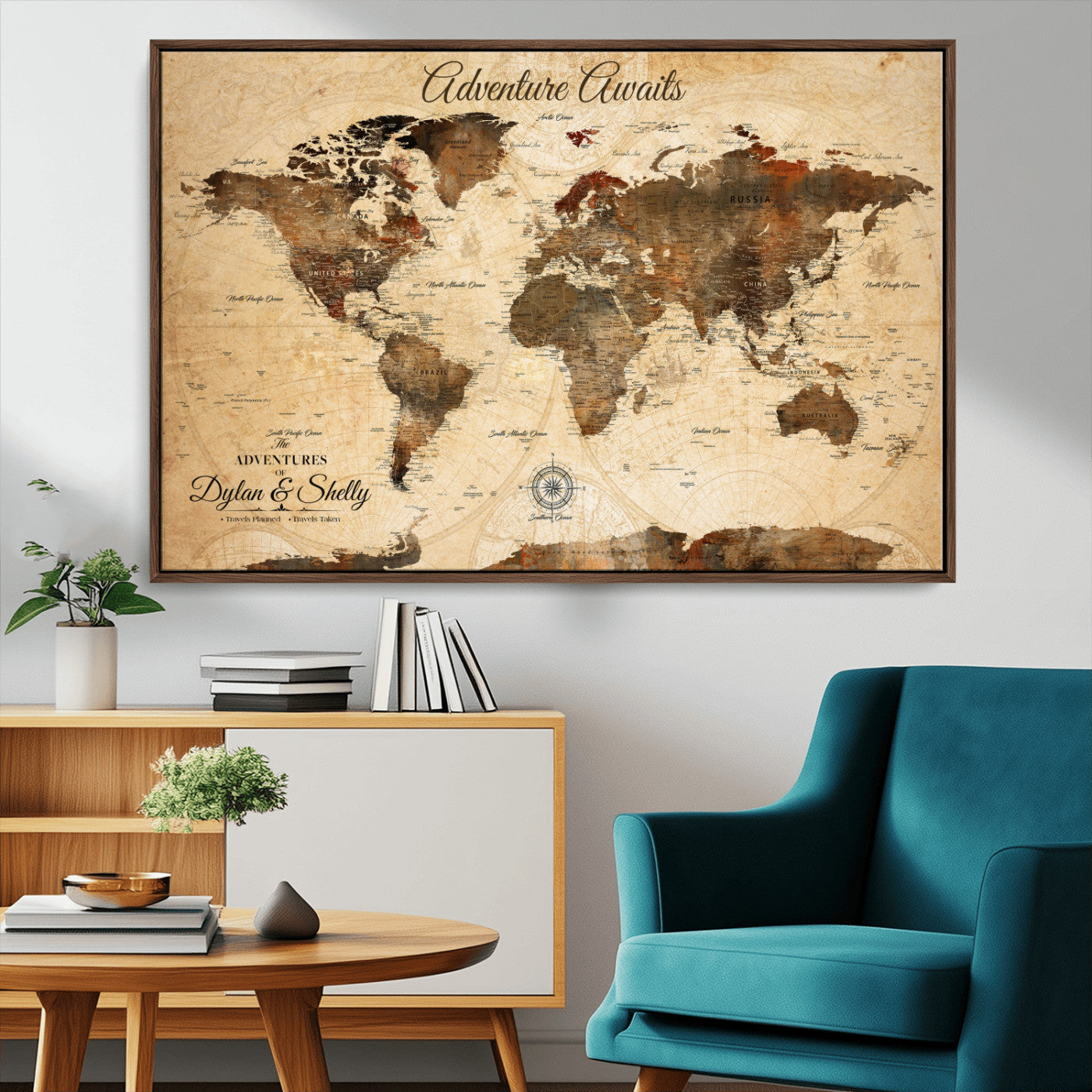 66357947-MGV-FC-36X24_Walnut-Personalized World Map Print, Customizable Push Pin Framed World Map Print on Canvas - Custom Quote on Map Print