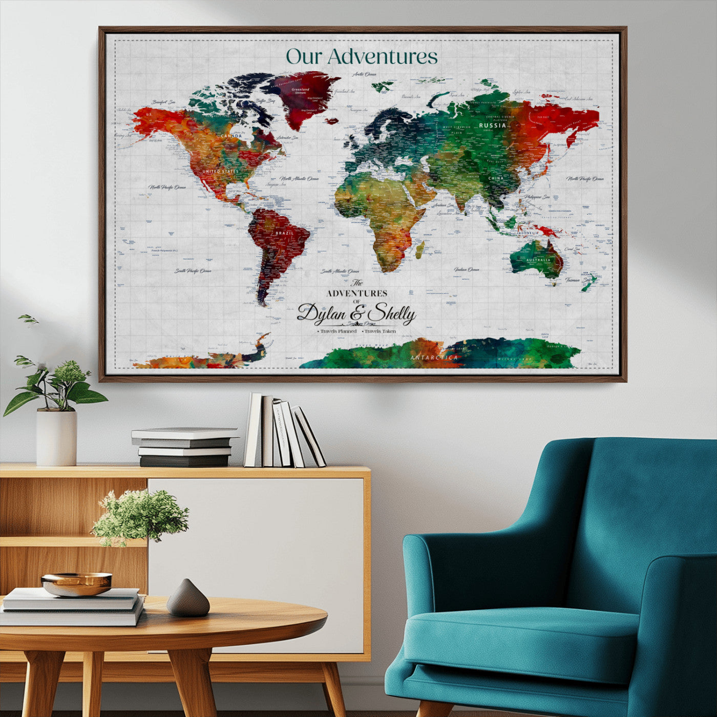 50035254-MGV-FC-36X24_Walnut-Watercolor Personalized World Map Canvas Print - Customizable Push Pin Framed World Map Print - Custom Quote on Map Print