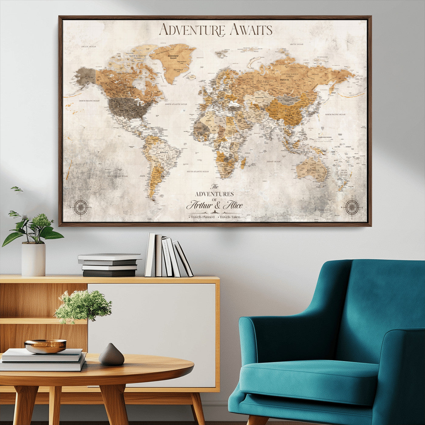 99422096-MGV-FC-30X20_Walnut-Custom Push Pin World Map Wall Canvas Print – Personalized Travel Tracker with Pins – Framed Custom Quotie Canvas for Home Office Decor