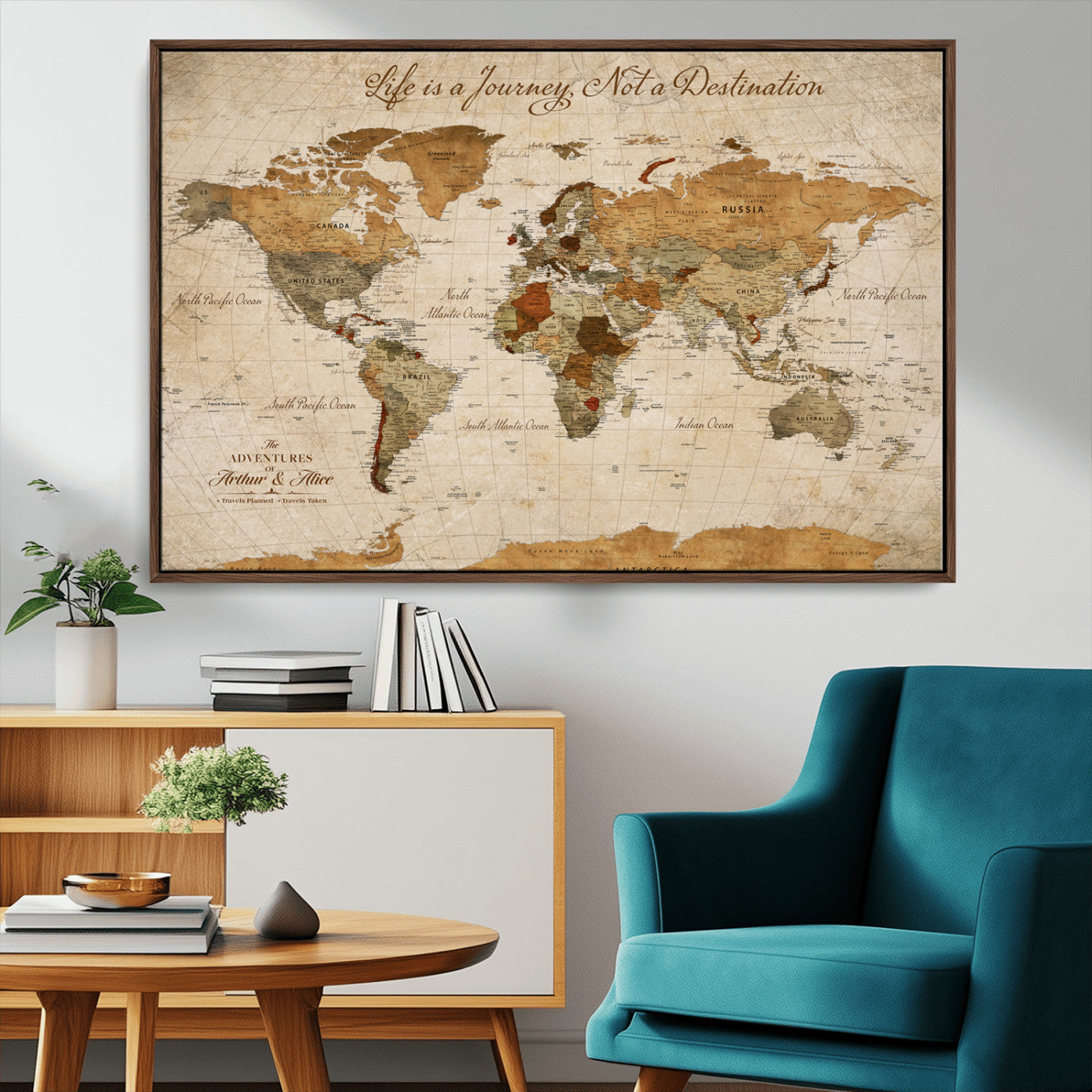 79036691-MGV-FC-30X20_Walnut-Custom Push Pin World Map Wall Canvas Print – Personalized Travel Tracker with Pins – Framed Custom Quotie Canvas for Home Office Decor