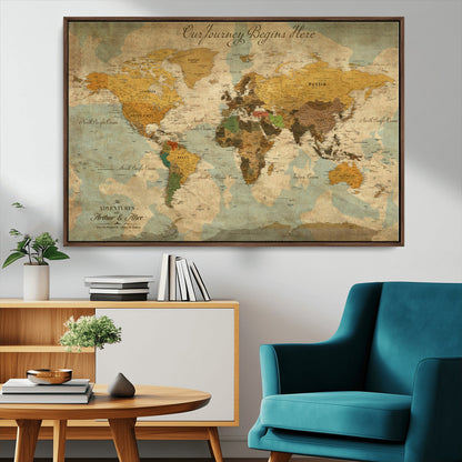 40572820-MGV-FC-36X24_Walnut-Custom Push Pin World Map Wall Canvas Print – Personalized Travel Tracker with Pins – Framed Custom Quotie Canvas for Home Office Decor