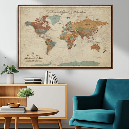17587858-MGV-FC-36X24_Walnut-Custom Push Pin World Map Wall Canvas Print – Personalized Travel Tracker with Pins – Framed Custom Quotie Canvas for Home Office Decor