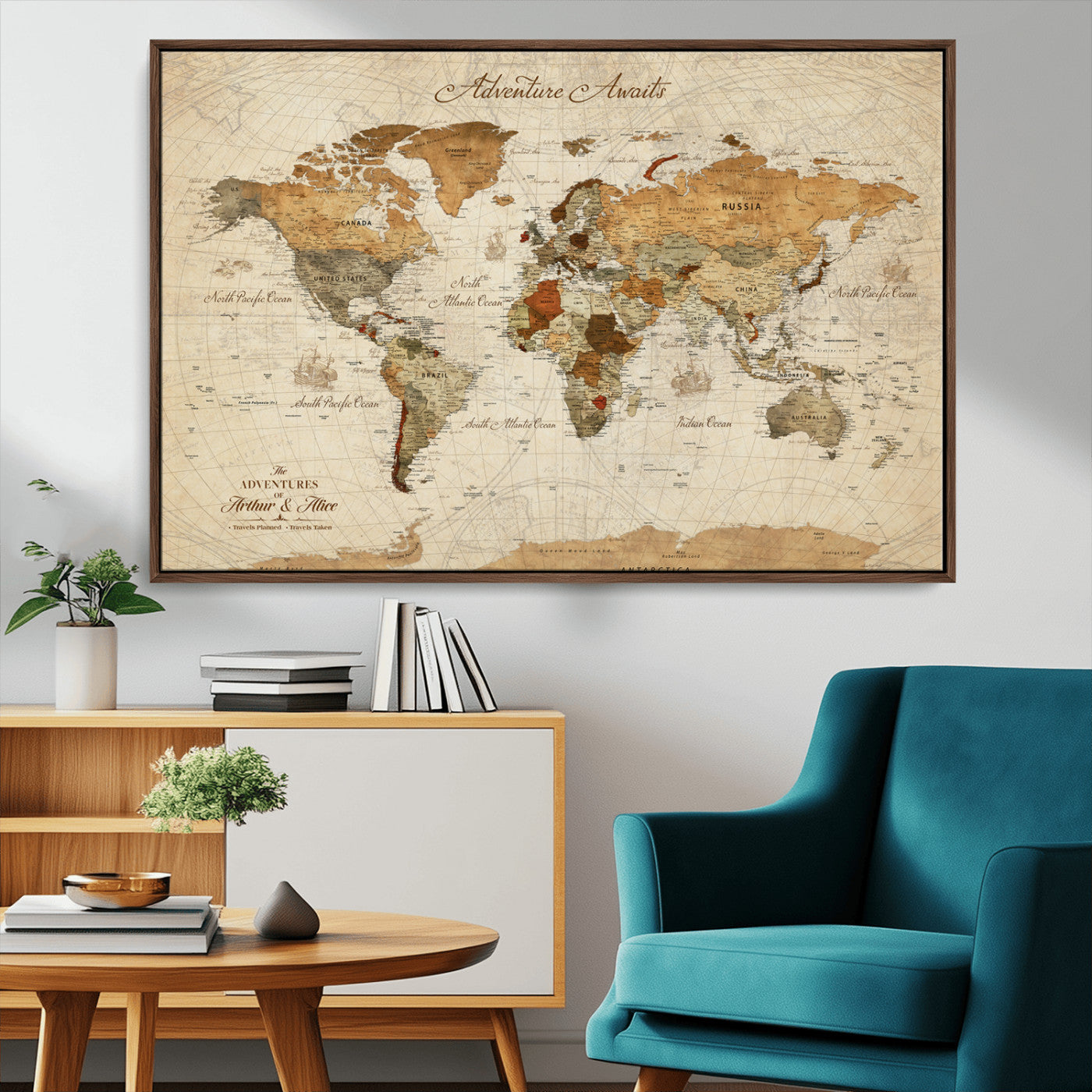 64295326-MGV-FC-30X20_Walnut-Custom Push Pin World Map Wall Canvas Print – Personalized Travel Tracker with Pins – Framed Custom Quotie Canvas for Home Office Decor