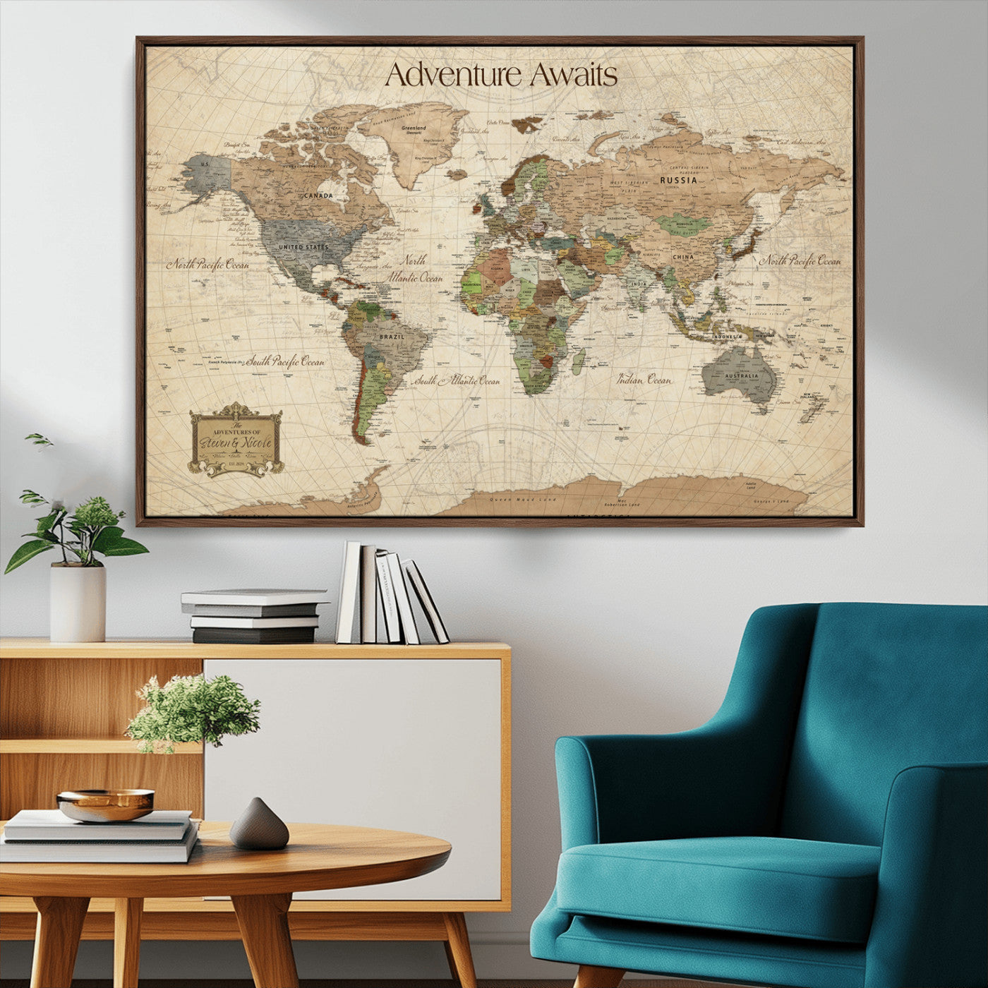 33020399-MGV-FC-30X20_Walnut-Custom Push Pin World Map Wall Canvas Print – Personalized Travel Tracker with Pins – Framed Custom Quotie Canvas for Home Office Decor