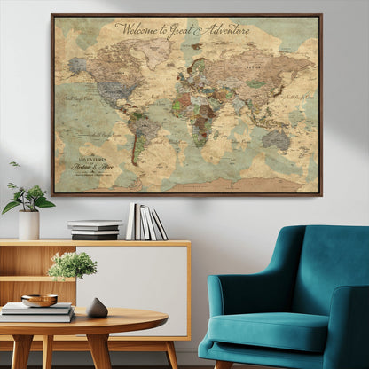 37466236-MGV-FC-36X24_Walnut-Custom Push Pin World Map Wall Canvas Print – Personalized Travel Tracker with Pins – Framed Custom Quotie Canvas for Home Office Decor