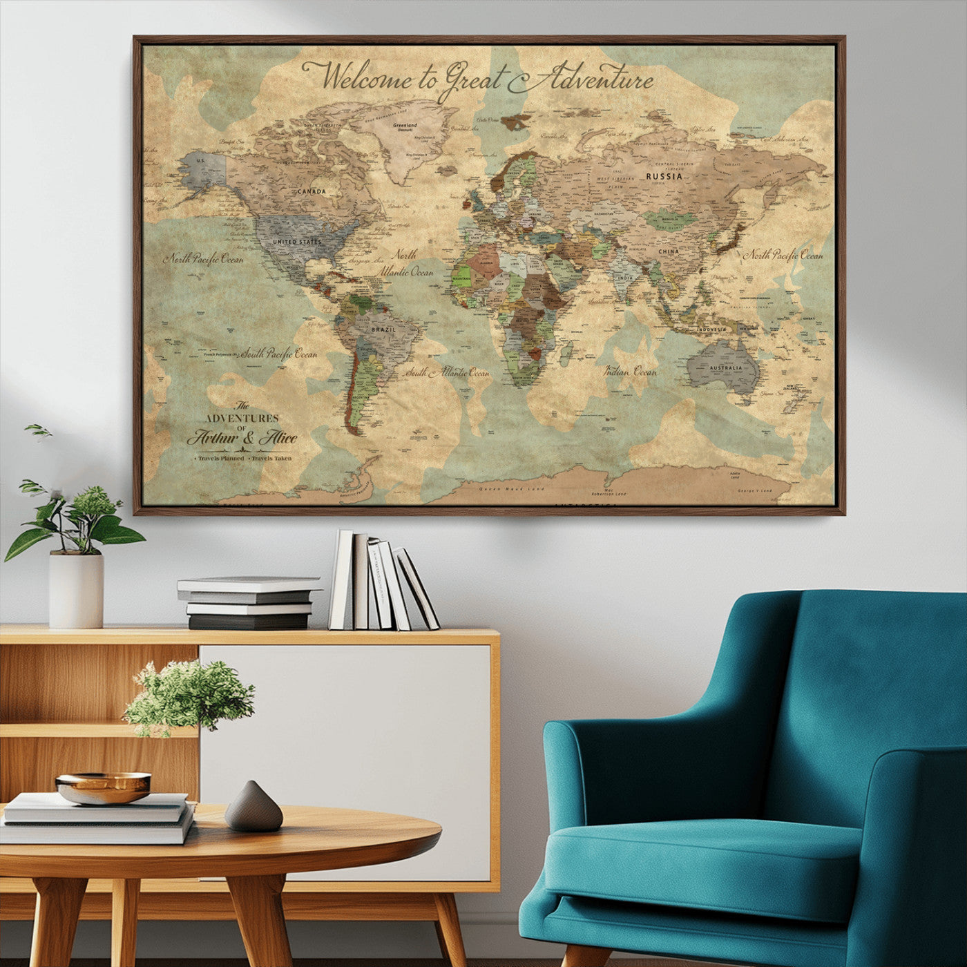 37466236-MGV-FC-36X24_Walnut-Custom Push Pin World Map Wall Canvas Print – Personalized Travel Tracker with Pins – Framed Custom Quotie Canvas for Home Office Decor