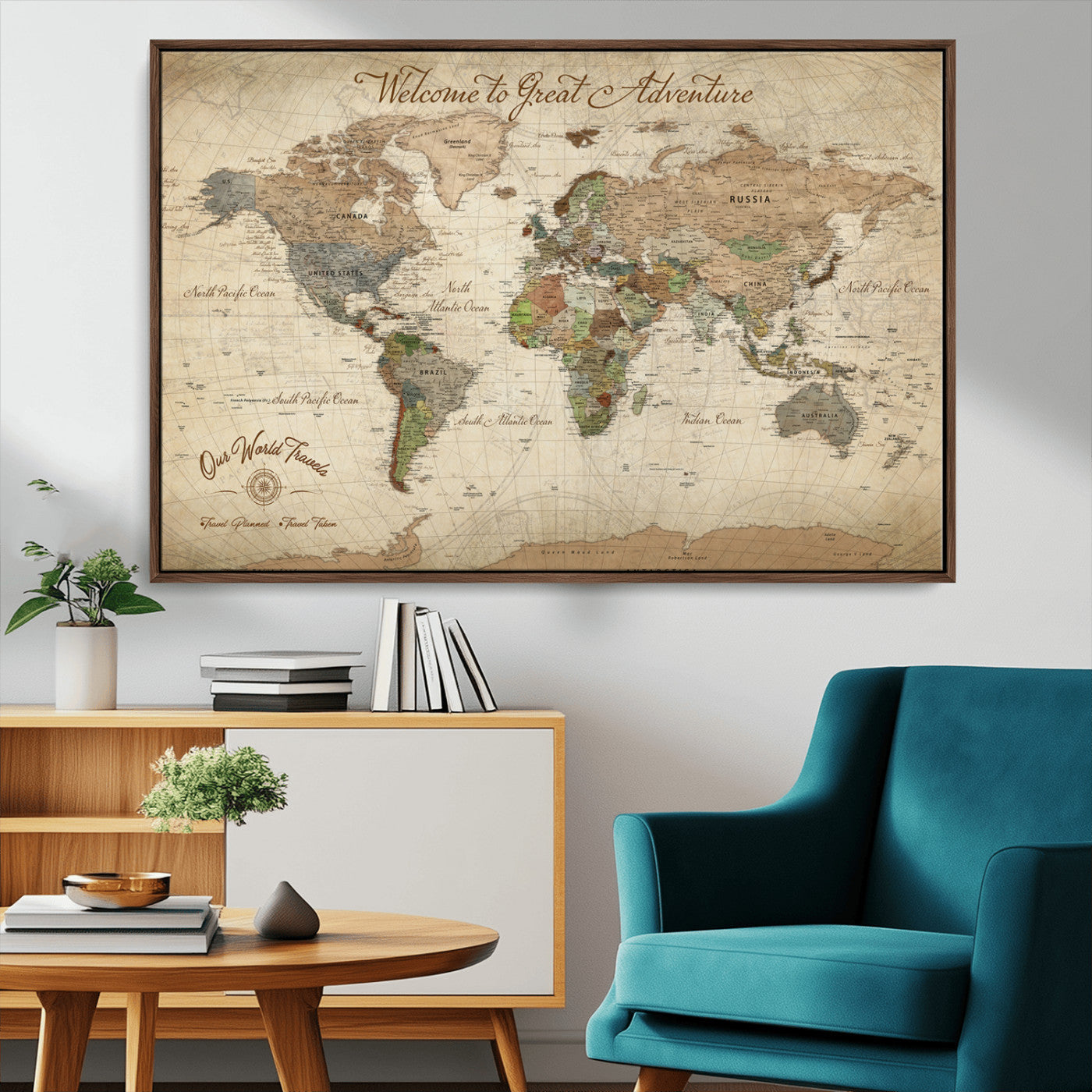 76478536-MGV-FC-30X20_Walnut-Custom Push Pin World Map Wall Canvas Print – Personalized Travel Tracker with Pins – Framed Custom Quotie Canvas for Home Office Decor