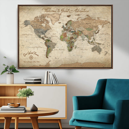 76478536-MGV-FC-30X20_Walnut-Custom Push Pin World Map Wall Canvas Print – Personalized Travel Tracker with Pins – Framed Custom Quotie Canvas for Home Office Decor