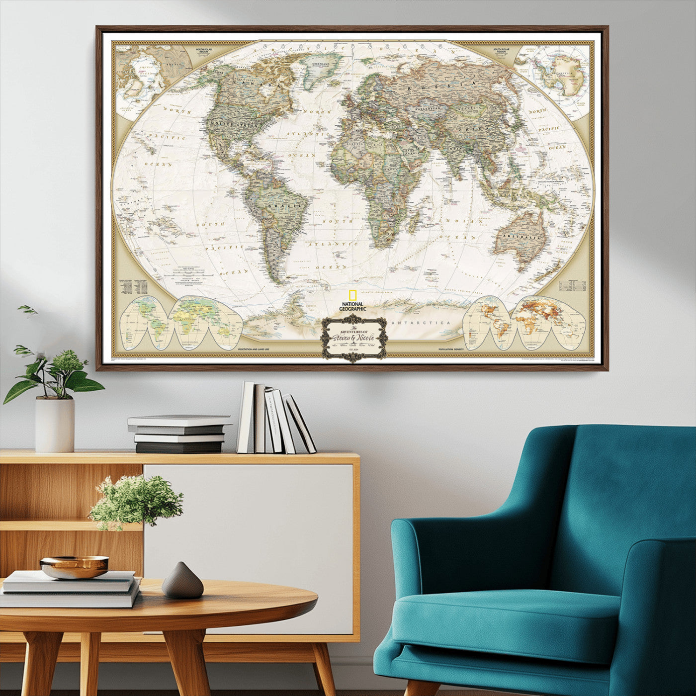 Custom Push Pin World Map Wall Art Canvas Print – Personalized National Geopraphic Map for Travel Plan – Framed Customize Animal Map for Stady Room Decor