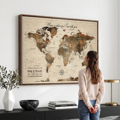 Large Custom Framed Beige Vintage World Travel Map Wall Art with Pins, Couples Countries Visited Map, Living Room and Hallway Decor