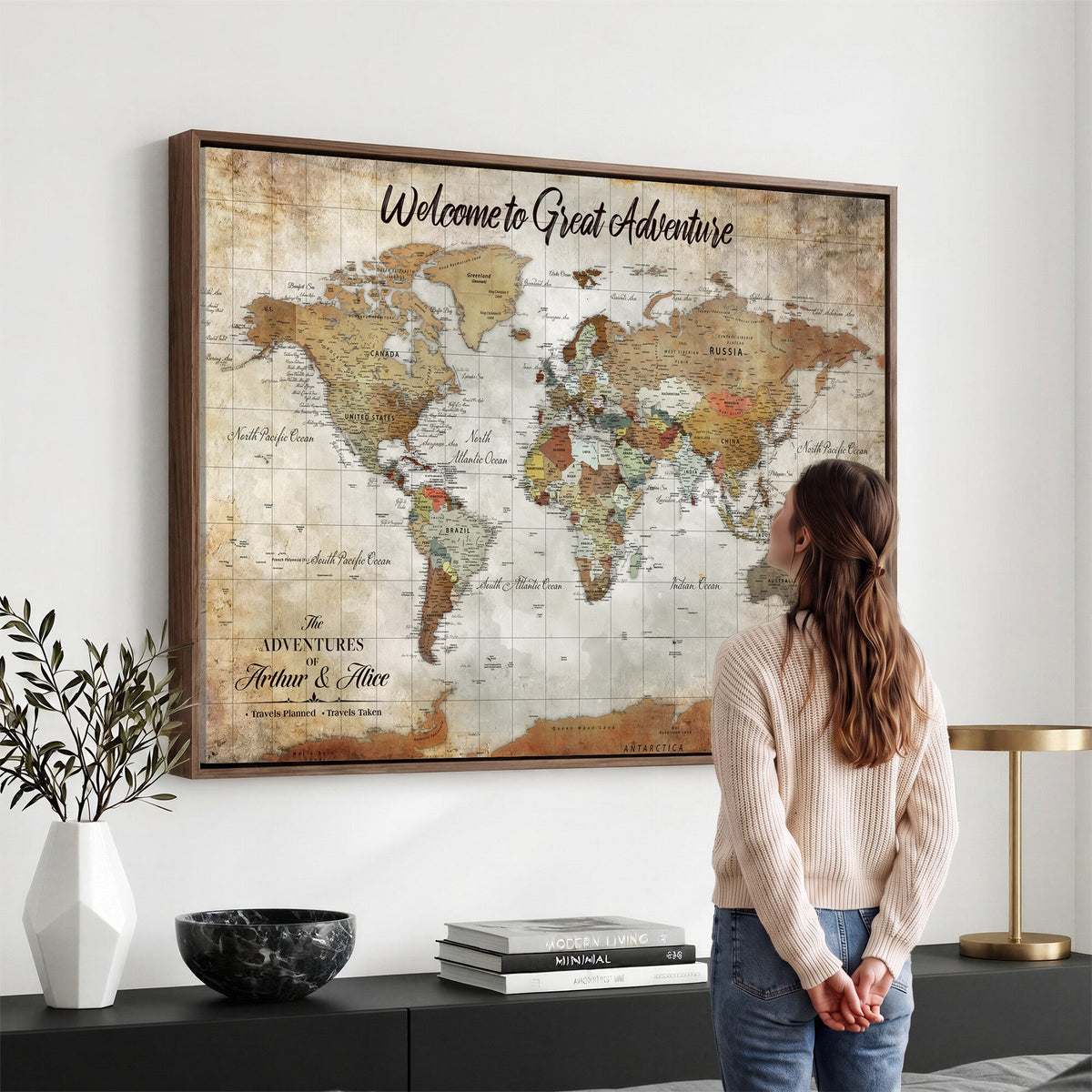 Personalized Beige Push Pin World Map Wall Art, Bucket List Map, Living Room and Family Room Decor