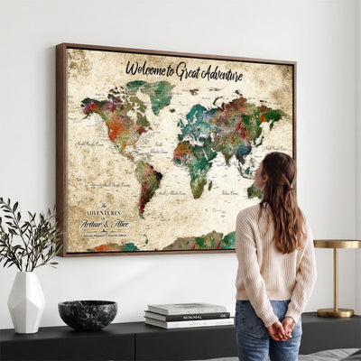 Personalized Beige Grunge World Map Canvas with Push Pins, Next Trip Planner Map, Family Room and Home Office Decor