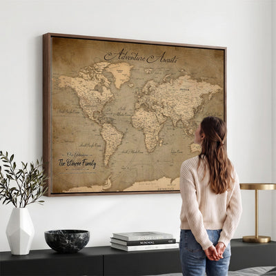 Personalized Framed Beige World Travel Map Wall Art with Pins, Family Travel Tracker, Family Room and Entryway Decor